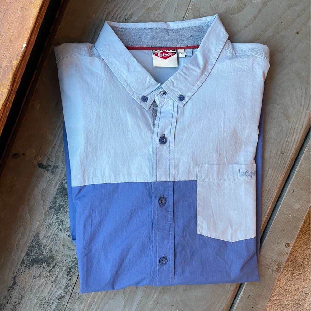 Lee Cooper blue color-block short sleeve button down shirt | size 2XL